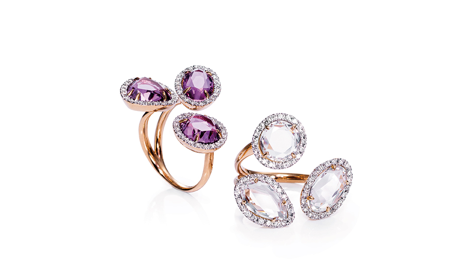 <p>18kt pink gold rings with amethyst, crystal rock and white diamonds</p>