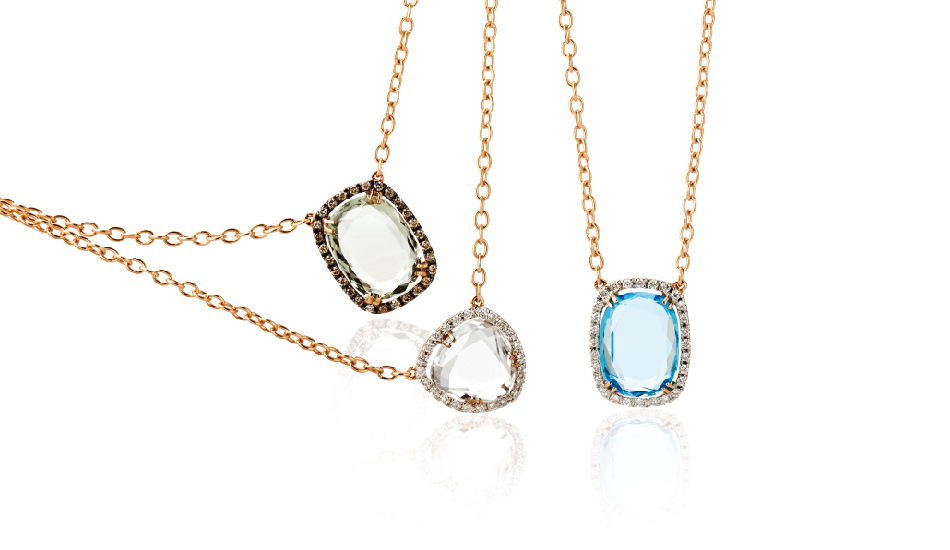 <p>18kt pink gold pendants with prasiolite, crystal rock, blue topaz and diamonds</p>