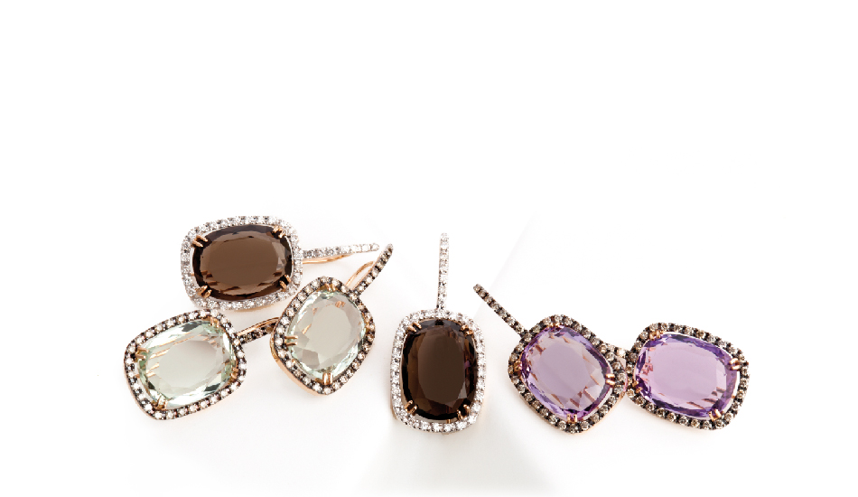 <p>18kt pink gold earrings with smoky quartz, crystal rock, amethyst and diamonds</p>