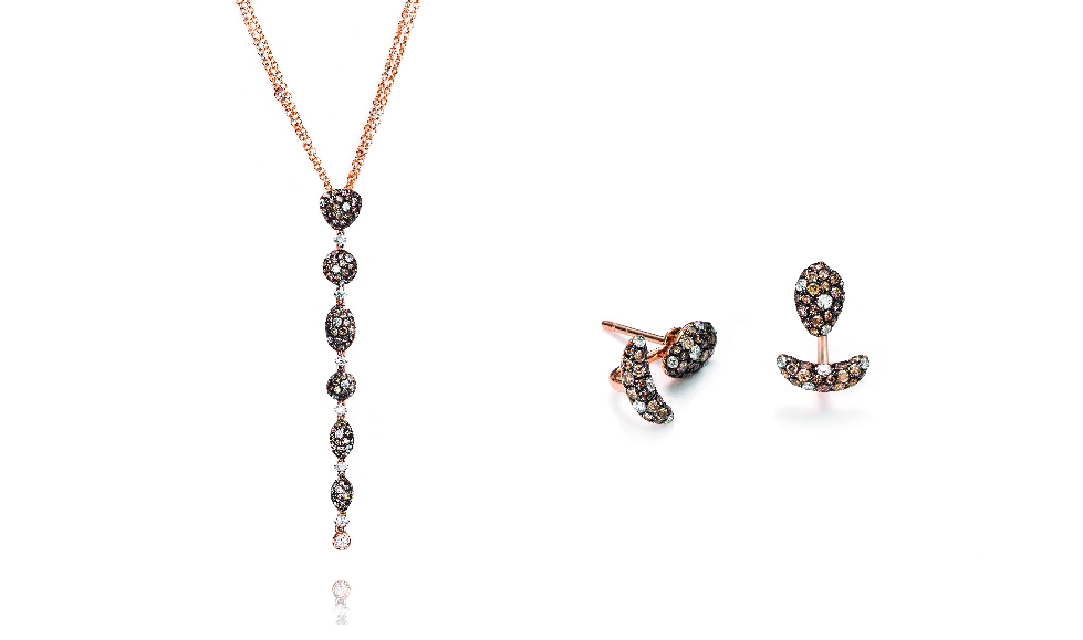 18kt pink gold pendant and earrings with white and brown diamonds