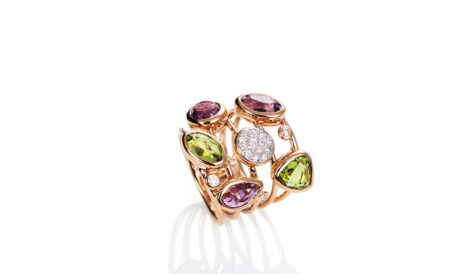 Sortija en oro rosa 18kt con amatista, peridoto y diamantes