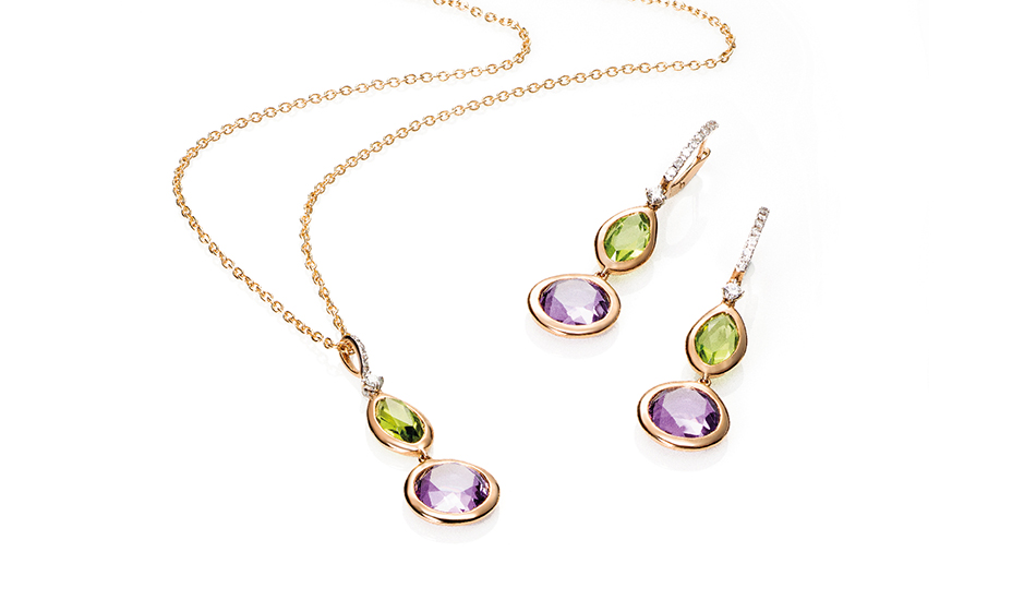 Colgante y pendientes en oro rosa 18kt con amatista, peridoto y diamantes