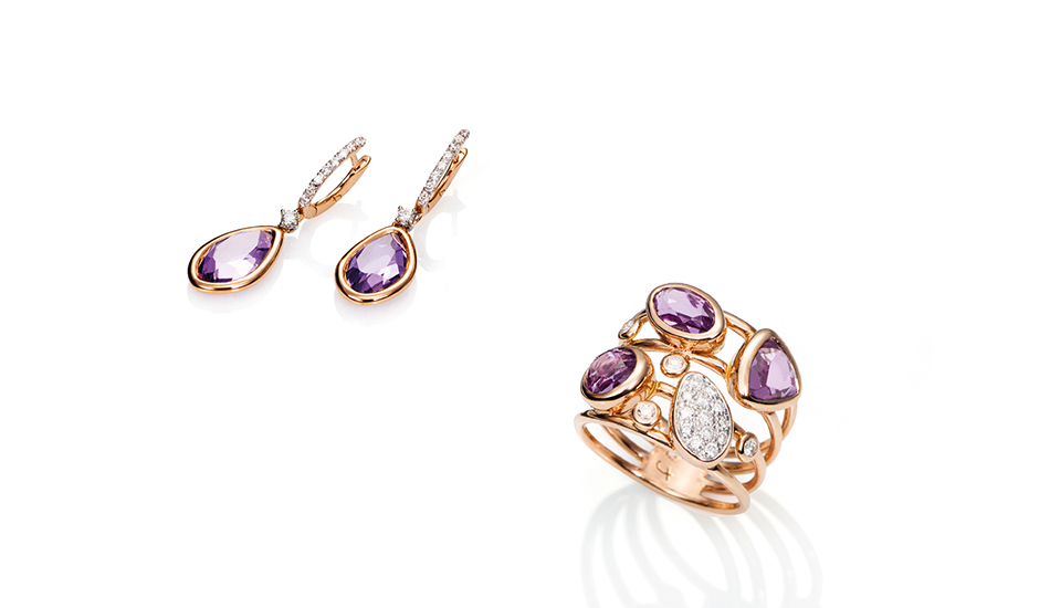 18kt pink gold earrings and ring with amethyst and white diamonds