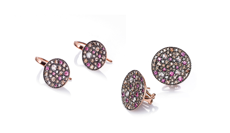 18kt pink gold Earrings with rubies and white and brown diamonds
