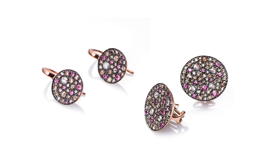 Pendientes en oro rosa 18kt con rubís y diamantes blancos y brown