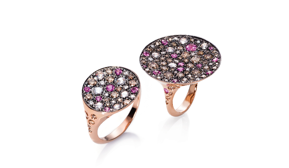 Sortijas en oro rosa 18kt con rubis y diamantes blancos y brown