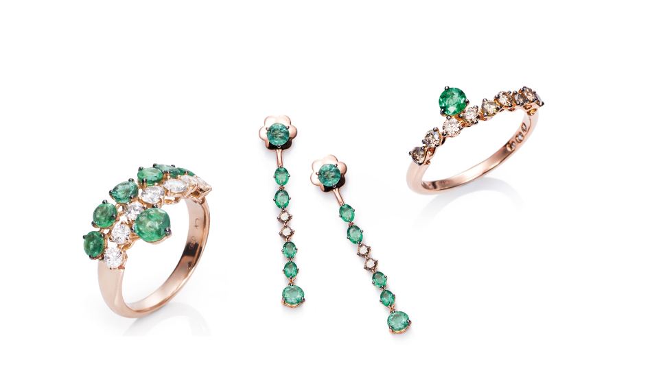 18kt pink gold rings and earrings with emeralds and diamonds