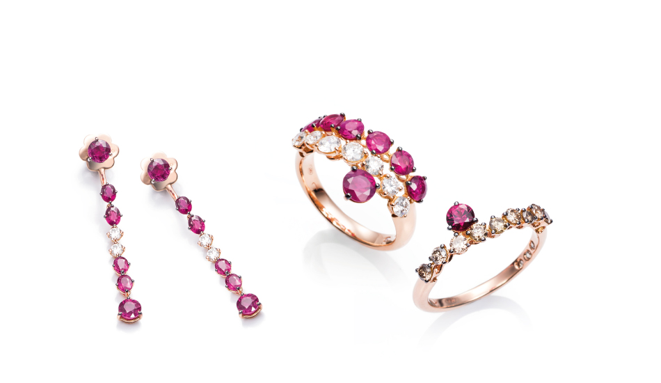 Sortijas y pendientes en oro rosa 18kt con rubis y diamantes