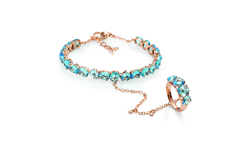 Bracciale in oro rosa 18kt con topazio azzurro e diamanti