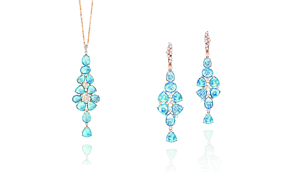 18kt pink gold Pendant and Earrings with blue topaz and diamonds