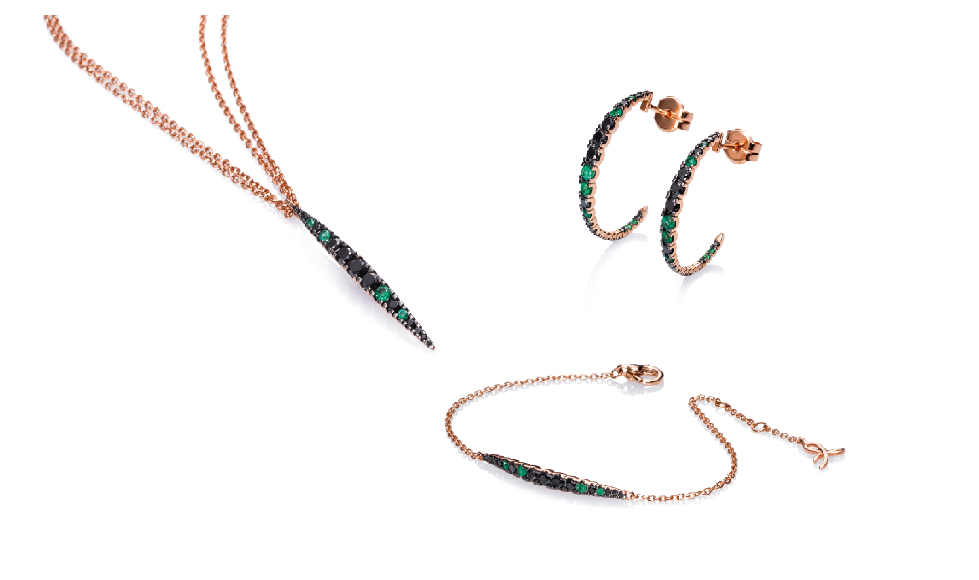 18kt pink gold pendant, bracelet and earrings with emeralds and black diamonds