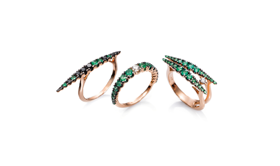 18kt pink gold rings with emeralds and black diamonds
