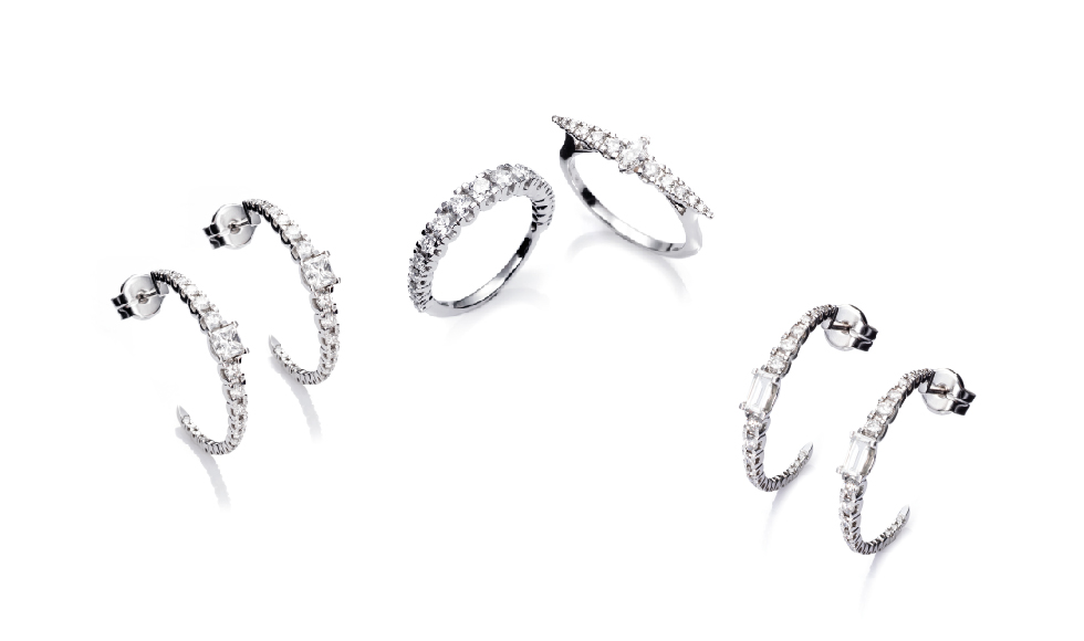 18kt white gold earrings and rings with diamonds