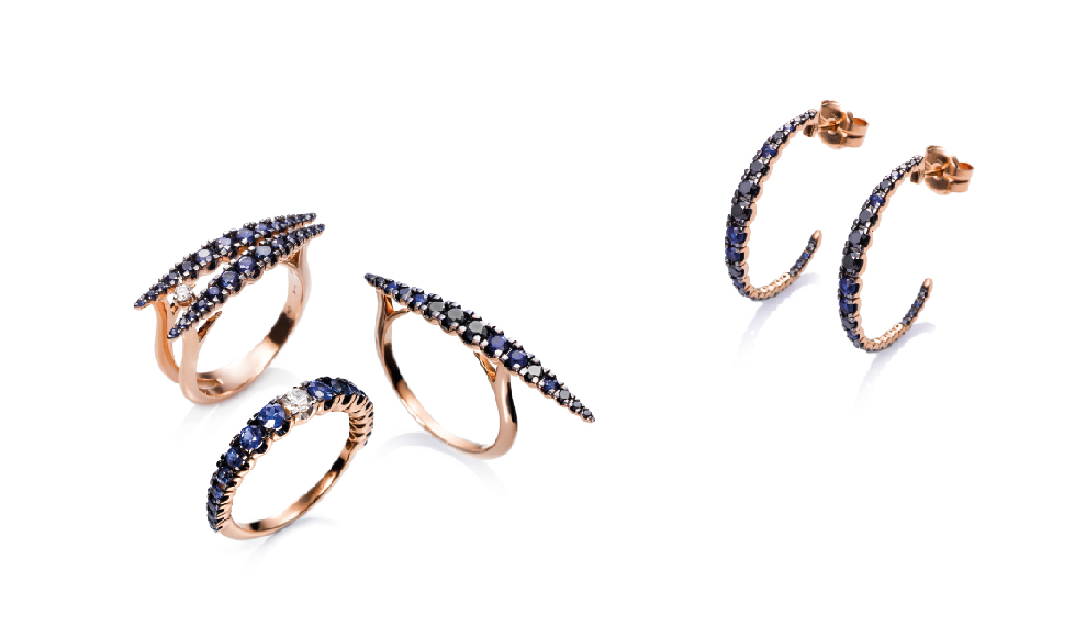 18kt pink gold rings and earrings with sapphires and diamonds