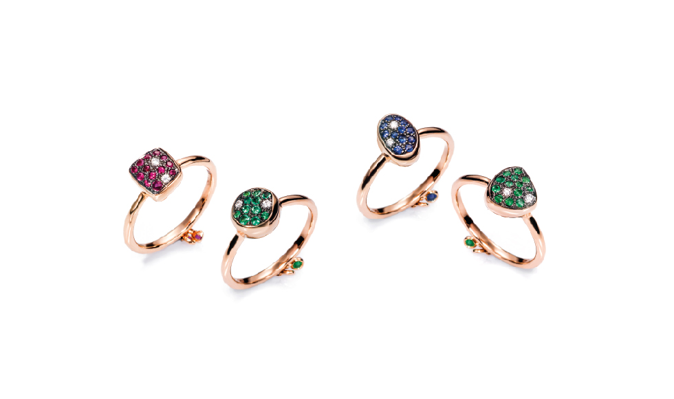 18kt pink gold rings with rubies, emeralds, sapphires and diamonds