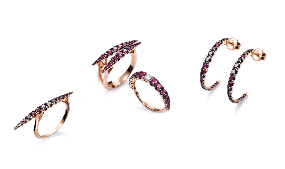 18kt pink gold rings and earrings with rubies and diamonds