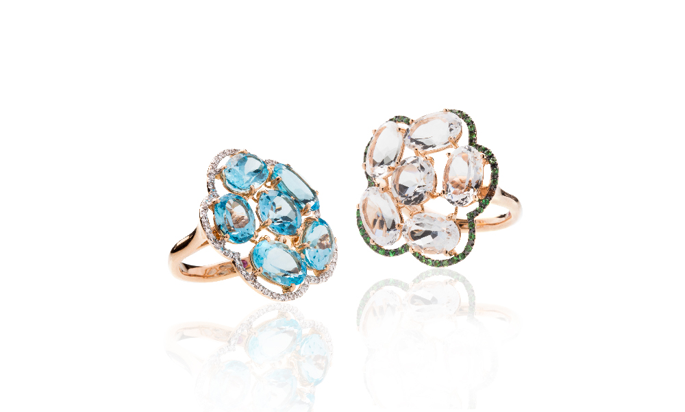 Sortijas en oro rosa 18ktes con topacio azul y diamantes, con cristal de roca y tsavorite