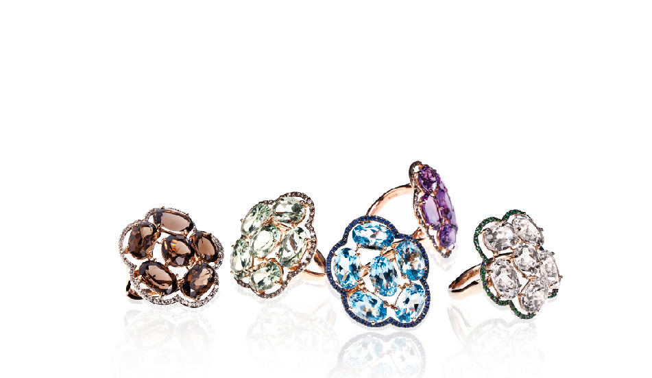 <p>18kt pink gold rings with smoky quartz, prasiolite, blue topaz, amethyst, crystal rock, tsavorite and white or brown diamonds</p>