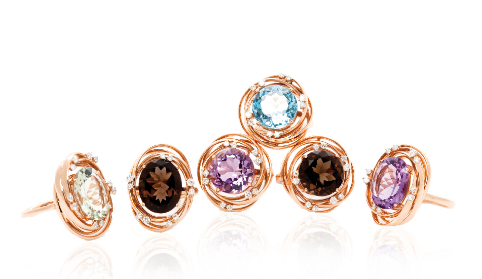 <p>18kt pink gold rings with smoky quartz, prasiolite, blue topaz, amethyst and diamonds</p>