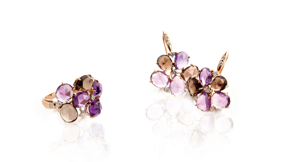 <p>18kt pink gold ring and earrings with amethyst, smoky quartz and diamonds</p>