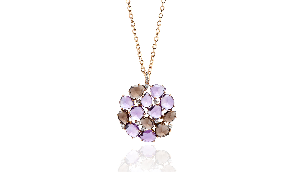 <p>18kt pink gold pendant with amethyst, smoky quartz and diamonds</p>