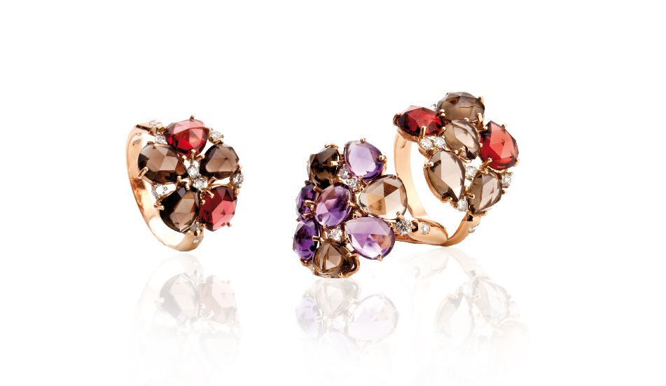 <p>18kt pink gold rings with amethyst, smoky quartz, garnet and diamonds</p>