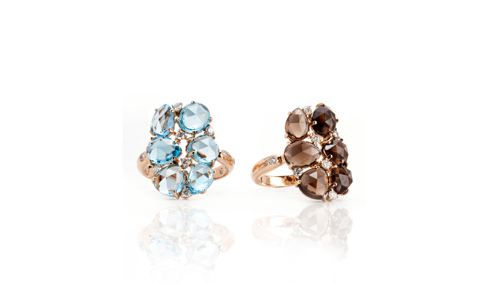 <p>18kt pink gold rings with blue topaz, smoky quartz and diamonds</p>